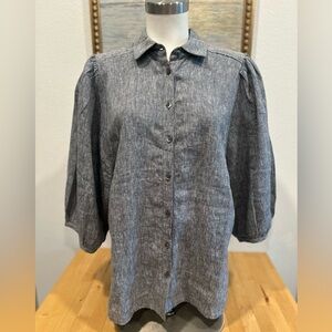 Chicos Linen Gray Button-Up Blouse Sz 2 Puff 3/4 Sleeve